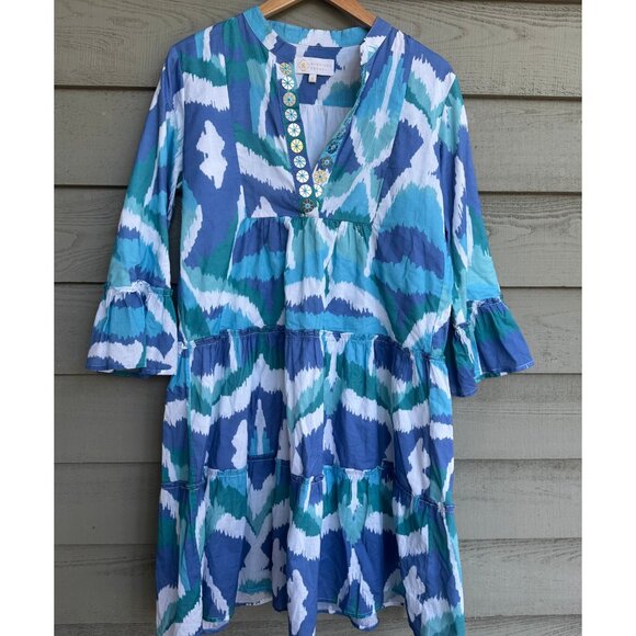 Sheridan French Blue Ikat Tiered Dress Sz M - Picture 3 of 10